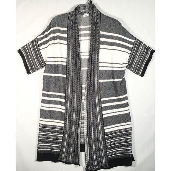 VINCE Women's Short Sleeve Open Front Long Striped Cardigan Black White SZ Small - Picture 1 of 13